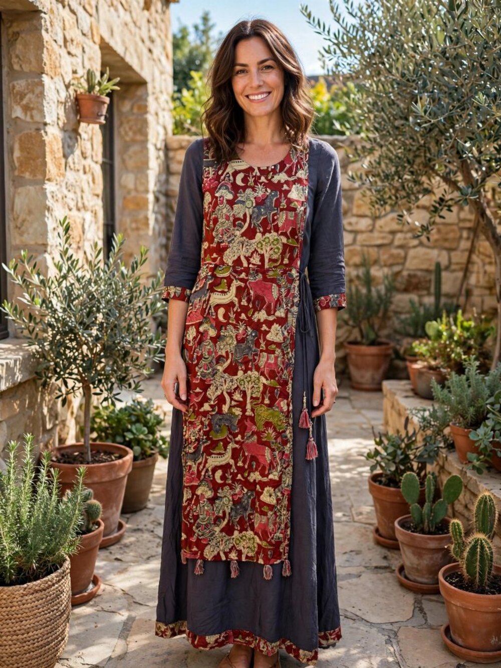 Indian block print maxi dress S charcoal red tassels